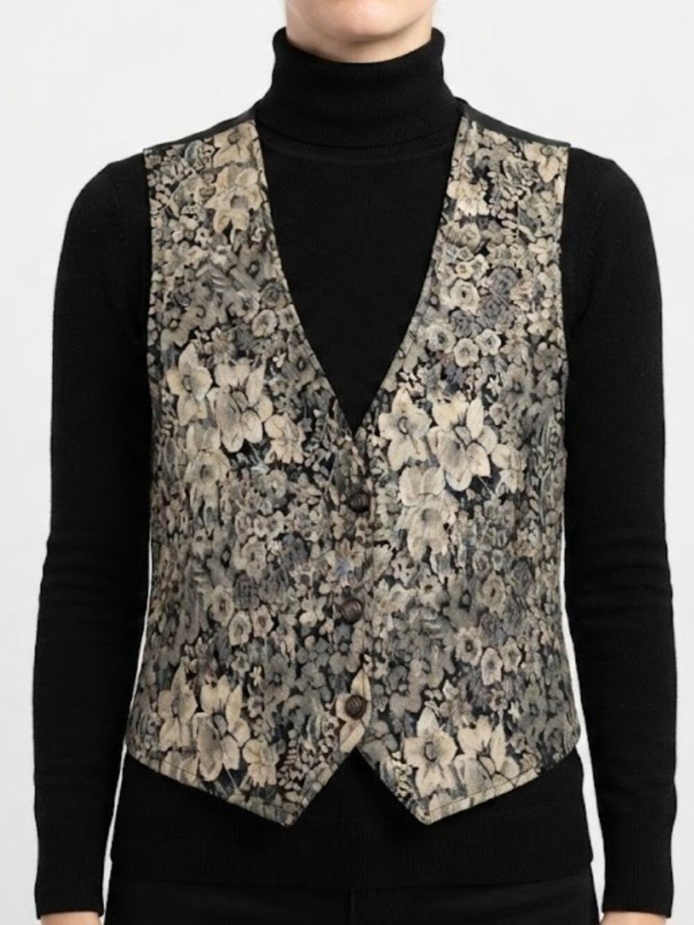 Floral Jacquard V-Neck Vest - Black & Cream